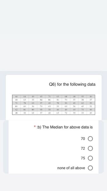 44
68
71
80
62
48
+
64
78
60
81
35
49
69
56
89
S
65
45
84
57
70
95
37
Q6) for the following data
-$5354
71
86
63
65
56
78
55
44
68
70
90
69
49
A
72
68
37
45
36
69
39
93
38
45
75
33
40
57
59
31
90
49
*
:b) The Median for above data is
70 O
72 O
75 O
none of all above O