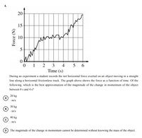 4.
20
15
10
5
1
3
4
6.
Time (s)
During an experiment a student records the net horizontal force exerted on an object moving in a straight
line along a horizontal frictionless track. The graph above shows the force as a function of time. Of the
following, which is the best approximation of the magnitude of the change in momentum of the object
between 0 s and 4 s?
20 kg
A
• m/s
30 kg
В
· m/s
40 kg
· m/s
D
The magnitude of the change in momentum cannot be determined without knowing the mass of the object.
Force (N)
