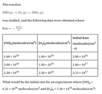 The reaction
2NO (g) + O2 (g)
→ 2NO2 (g)
was studied. and the following data were obtained where
Rate =
A[O2]
Δι
Initial Rate
[NO]o(molecules/cm³) | [O2lo(molecules/cm³) | (molecules/cm³
3
1.00 x 1018
1.00 x 1018
2.00 x 1016
3.00 x 1018
1.00 x 1018
1.80 × 1017
2.50 x 1018
2.50 x 1018
3.13 x 1017
What would be the initial rate for an experiment where [NO], =
6.21 × 1018 molecules/cm³ and [02]o = 7.36 × 1018 molecules/cm³?
