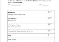 The State Bank of Pakistan has fixed the Nisab for Zakat deduction on bank accounts at
Rs46,415 for the ongoing year
Name:
Class:
Bank Saving
Use lowest amount held for 1 year
+ Gold & Silver
Monetary value
+ Money owed to you
Deposits, loans you made
+ Resale value of shares, stocks, bonds, etc.
Total
2.5 % of zakat
