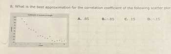 8. What is the best approximation for the correlation coefficient of the following scatter plot
success
Scatterplot of success vs length
10
length
20
A. .85
B.-.85
C. .15
D. -.15