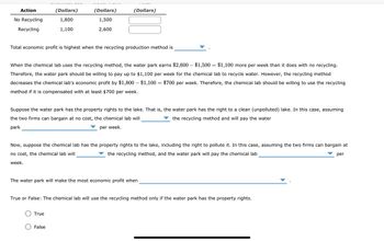 Action
No Recycling
Recycling
(Dollars)
1,800
1,100
(Dollars)
1,500
2,600
Total economic profit is highest when the recycling production method is
(Dollars)
When the chemical lab uses the recycling method, the water park earns $2,600 – $1,500 = $1,100 more per week than it does with no recycling.
Therefore, the water park should be willing to pay up to $1,100 per week for the chemical lab to recycle water. However, the recycling method
decreases the chemical lab's economic profit by $1,800 – $1,100 = $700 per week. Therefore, the chemical lab should be willing to use the recycling
method if it is compensated with at least $700 per week.
Suppose the water park has the property rights to the lake. That is, the water park has the right to a clean (unpolluted) lake. In this case, assuming
the two firms can bargain at no cost, the chemical lab will
the recycling method and will pay the water
park
per week.
Now, suppose the chemical lab has the property rights to the lake, including the right to pollute it. In this case, assuming the two firms can bargain at
no cost, the chemical lab will
the recycling method, and the water park will pay the chemical lab
per
week.
True
The water park will make the most economic profit when
False
True or False: The chemical lab will use the recycling method only if the water park has the property rights.