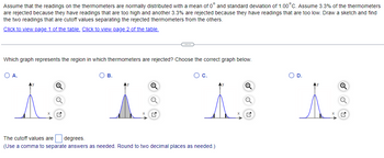 Assume that the readings on the thermometers are normally distributed with a mean of 0° and standard deviation of 1.00°C. Assume 3.3% of the thermometers
are rejected because they have readings that are too high and another 3.3% are rejected because they have readings that are too low. Draw a sketch and find
the two readings that are cutoff values separating the rejected thermometers from the others.
Click to view page 1 of the table. Click to view page 2 of the table.
Which graph represents the region in which thermometers are rejected? Choose the correct graph below.
O A.
i
Q
B.
Q
(
Q
O c.
The cutoff values are degrees.
(Use a comma to separate answers as needed. Round to two decimal places as needed.)
Q
Q
D.