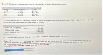 Crosshill Company's total overhead costs at various levels of activity are presented below:
Total Overhead
Cost
$204,400
Month
April
May
June
July
Machine-Hours
70,000
60,000
80,000
90,000
Assume that the overhead cost above consists of utilities, supervisory salaries, and maintenance. The breakdown of these costs at the
60,000-machine-hour level of activity in May is as follows:
Utilities (variable))
Supervisory salaries (fixed)
Maintenance (mixed)
Total overhead cost
$183,600
$225,200
$246,000
$ 52,200
21,000
110,400
$183,600
The company wants to break down the maintenance cost into its variable and fixed cost elements.
Maintenance cost in July
Required:
1. Estimate how much of the $246,000 of overhead cost in July was maintenance cost. (Hint: To do this, first determine how much of
the $246,000 consisted of utilities and supervisory salaries. Think about the behaviour of variable and fixed costs within the relevant
range.) (Round the "Variable cost per unit" to 2 decimal places.)