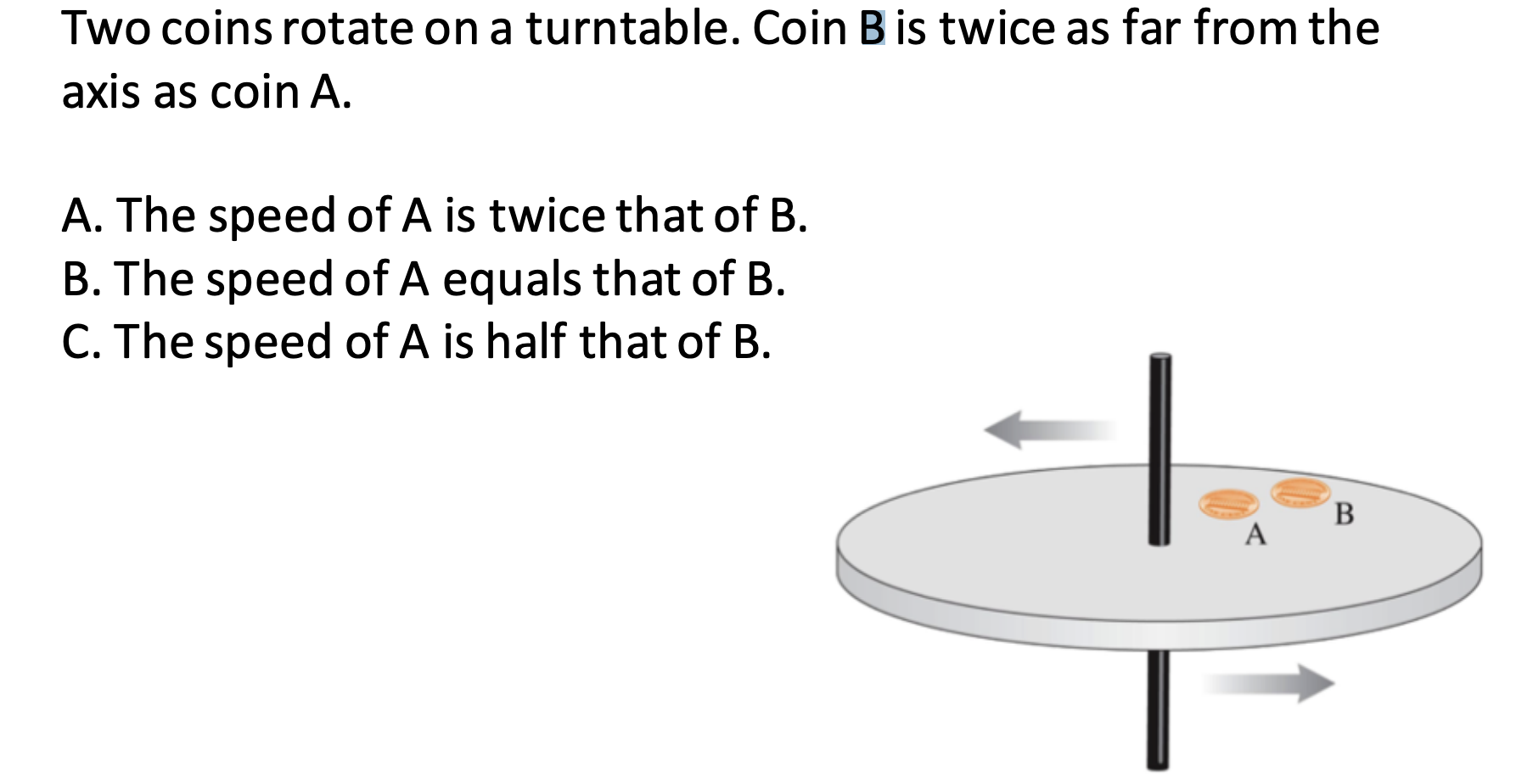 Two coins rotate on a turntable. Coin B is twice as far from the
axis as coin A
A. The speed of A is twice that of B
B. The speed of A equals that of B
C. The speed of A is half that of B
В

