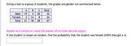 Giving a test to a group of students, the grades and gender are summarized below
A
В
Total
Male
19
4
20
43
Female
14
8
24
Total
21
18
28
67
Answer as a fraction or round the answer off to three decimal places:
If one student is chosen at random, find the probability that the student was female GIVEN they got a 'A'.
