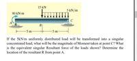 15 kN
5 kN/m
80 kN-m
-5 m
-5 m-
If the 5kN/m uniformly distributed load will be transformed into a singular
concentrated load, what will be the magnitude of Moment taken at point C? What
is the equivalent singular Resultant force of the loads shown? Determine the
location of the resultant R from point A.
