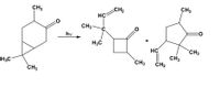 This image depicts a photochemical reaction, specifically the photoinduced alpha-cleavage (also known as the Norrish Type I reaction) of a carbonyl compound.

**Reactant:**
- The left side shows a cyclic ketone. The structure is a six-membered ring with a carbonyl group (C=O) and two methyl groups (CH₃) attached to the third and sixth carbon atoms.

**Reaction Conditions:**
- The reaction is initiated by light (represented by "hν"), indicating the photochemical nature of the process.

**Products:**
- Two products are formed:
  1. The first product is a five-membered ring (cyclopentanone) with a carbonyl group and a vinyl group (CH=CH₂) attached. It also contains a methyl group attached to the second carbon.
  2. The second product is another cyclopentenone with a carbonyl group and a vinyl group, but with one methyl group attached to the third carbon.

This type of reaction often involves the homolytic cleavage of the bond adjacent to the carbonyl group upon absorption of light, resulting in the generation of radicals and subsequent rearrangement.