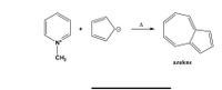 This image depicts a chemical reaction leading to the formation of azulene. The starting materials are a pyridinium ion and a cyclopentadienyl anion.

1. **Structures:**
   - On the left, there is a six-membered aromatic ring with a nitrogen atom (pyridinium) denoted by "N⁺" with a methyl group attached (CH₃), indicating a positive charge.
   - Next to it is a five-membered ring with three alternating double bonds (cyclopentadienyl), depicted with a negative charge.

2. **Reaction Conditions:**
   - A heat symbol (Δ) is shown above the reaction arrow, indicating that the reaction requires heating.

3. **Product:**
   - On the right, azulene is shown, characterized by the fusion of a five-membered and a seven-membered ring system. The structure maintains aromaticity in a non-benzene system, giving azulene its distinctive properties.

This reaction showcases a pathway to synthesize azulene, which is a compound known for its unique color and properties differing from other aromatic hydrocarbons.