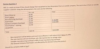 Review Question 2
ABC Co. wants to know if they should change their equipment or buy the product from an outside company. The cost to buy it from an outside
supplier is $18.50. Using the old equipment, the costs are the following:
Direct Material
Direct Labour
Manufacturing Overhead
Supervision
General Company Overhead
Amortization-existing
equipment
Total
Per unit
$6.00
$8.40
$1.80.
$1.60
$4.00
$1.90
$23.70
Should the company make or buy?
Total
$ 64,000
$160,000
$224,000
New equipment will be better and much more efficient. It will reduce direct labour by 30%.
The new machine will cost $3.50 per unit. Old machine has no salvage value.
Variable manufacturing overhead is 40% of total manufacturing overhead.
The General Company Overhead is not affected by the decision to buy the product.