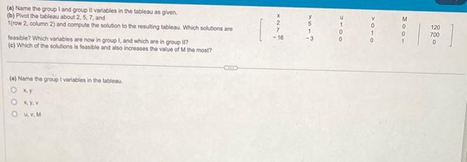 (a) Name the group I and group Il variables in the tableau as given.
(b) Pivot the tableau about 2, 5, 7, and
1(row 2, column 2) and compute the solution to the resulting tableau. Which solutions are
feasible? Which variables are now in group I, and which are in group 11?
(e) Which of the solutions is feasible and also increases the value of M the most?
(a) Name the group I variables in the tableau.
O x.y
Oxy.v
Ouv. M
X
-16
U
0
1
0
0
0
1
120
700