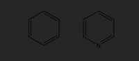 The image displays two chemical structures, depicted as hexagonal rings:

1. **Left Structure**:
   - This is a benzene ring, consisting of six carbon atoms.
   - The hexagon features alternating double and single bonds, indicating aromaticity.

2. **Right Structure**:
   - This is a pyridine ring, similar in shape to benzene but with one nitrogen atom replacing one of the carbon atoms.
   - Like benzene, it retains the alternating double and single bonds, also indicating aromaticity.

Both structures are fundamental in organic chemistry, illustrating the concept of aromatic compounds. Benzene is a simple aromatic hydrocarbon, while pyridine is a basic heterocyclic compound featuring nitrogen.