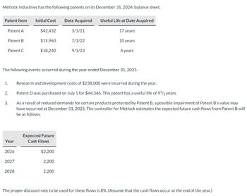 Metlock Industries has the following patents on its December 31, 2024, balance sheet.
Patent Item
Patent A
Patent B
Patent C
2.
3.
Year
2026
Initial Cost Date Acquired
The following events occurred during the year ended December 31, 2025.
2027
$42,432
$15,960
$18,240
1. Research and development costs of $238,000 were incurred during the year.
Patent D was purchased on July 1 for $44,346. This patent has a useful life of 9¹/2 years.
As a result of reduced demands for certain products protected by Patent B, a possible impairment of Patent B's value may
have occurred at December 31, 2025. The controller for Metlock estimates the expected future cash flows from Patent B will
be as follows.
2028
Expected Future
Cash Flows
$2,200
3/1/21
2,200
7/1/22
2,200
9/1/23
Useful Life at Date Acquired
17 years
10 years
4 years
The proper discount rate to be used for these flows is 8%. (Assume that the cash flows occur at the end of the year.)