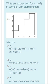 Write an expression for x 2(t+1)
in terms of unit step function
X2
3
1
3
4
Select one:
O a.
u(t+1)+u(t)+u(t-1)+u(t-
2)-4u(t-3)
O b.
u(t-1)+u(t-2)+u(t-3)+u(t-4)-4u(t-5)
c.
u(t+2)+u(t+1)+u(t)+u(t-
1)-4u(t-2)
O d.
u(t-2)+u(t-3)+u(t-4)+u(t-5)-4u(t-6)
2.
2.
1.
