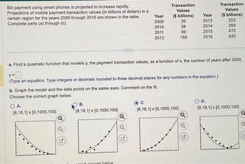 Bill payment using smart phones is projected to increase rapidly.
Projections of mobile payment transaction values (in billions of dollars) in a
certain region for the years 2009 through 2016 are shown in the table.
Complete parts (a) through (c).
O A.
[8,18,1] x [0,1000,100]
b. Graph the model and the data points on the same axes. Comment on the fit.
Choose the correct graph below.
Q
***
B.
[8,18,1] x [0,1000,100]
Year
2009
2010
2011
2012
Enneuer below.
a. Find a quadratic function that models y, the payment transaction values, as a function of x, the number of years after 2000.
y =
(Type an equation. Type integers or decimals rounded to three decimal places for any numbers in the equation.)
Transaction
Values
($ billions)
26
58
99
168
C.
[8,18,1] x [0,1000,100]
Year
2013
2014
2015
2016
Q
Transaction.
Values
($ billions)
253
359
472
620
O D.
[8,18,1] x [0,1000,100]
Q
a
G