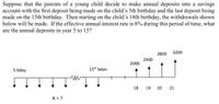 Suppose that the parents of a young child decide to make annual deposits into a savings
account with the first deposit being made on the child's 5th birthday and the last deposit being
made on the 15th birthday. Then starting on the child's 18th birthday, the withdrawals shown
below will be made. If the effective annual interest rate is 8% during this period of time, what
are the annual deposits in year 5 to 15?
3200
2800
2400
2000
5 bday
15th bdav
18
19
20
21
A = ?
