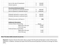 Gain on the sale of investments
250,000
Interest expense
300,000
Discontinued Wholesale Division
Loss on operations of wholesale division
800,000
Gain on disposal of wholesale division
$
1,000,000
Dividends declared on common stock
500,000
Dividends declared on preferred stock
200,000
Effective tax rate on all items is
30%
Additional Information:
Common Shares Outstanding
Shares
Beginning of the year
End of the year
Preferred Shares Outstanding
15,000
35,000
Beginning of the year
End of the year
1,100
1,100
Note: The above dollar amounts are pre-tax.
Required: Using the relevant information above, prepare the Discontinued Operations section of the Income
Statement. In addition, calculate the impact that the Discontinued Operations will have on Earnings Per Share
(EPS).
