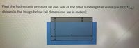 Find the hydrostatic pressure on one side of the plate submerged in water (p = 1.00 %/mL)
%3D
shown in the image below (all dimensions are in meters).
