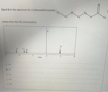 ### Understanding the NMR Spectrum of 2-Ethoxyethyl Acetate

**Chemical Structure:**
The chemical structure of 2-ethoxyethyl acetate is represented as follows:
```
                        O
                       ||
          C1 - C2 - O - C3 - C4 - O - C5
```

### NMR Spectrum Analysis:

**Interpretation:**

In the given NMR spectrum of 2-ethoxyethyl acetate, the signals labeled as 'a', 'b', 'c', 'd', and 'e' indicate different hydrogen environments. The goal is to identify which carbon atom the hydrogen atoms associated with signal 'b' are connected to.

**Detailed Breakdown of the NMR Spectrum:**

1. **Horizontal Axis (PPM)**
   - The x-axis of the spectrum is labeled as PPM (parts per million), which reflects the chemical shift values.
   - Chemical shifts help to determine the environment of hydrogen atoms in the molecule.

2. **Signals (a, b, c, d, e)**
   - The spectrum displays various peaks labeled from 'a' to 'e'.
   - Each signal corresponds to hydrogen atoms in different environments within the molecule.

3. **Identifying Signal 'b'**
   - Signal 'b' in the spectrum corresponds to hydrogen atoms in a specific location within the molecule.
   - To identify the source of signal 'b', we need to analyze the shape, position, and splitting patterns of the peak.

### Question:

**Signal b in the spectrum for 2-ethoxyethyl acetate comes from the Hs connected to:**

- O C4
- O **C1**
- O C3
- O C2
- O C5

### Answer: 

The correct answer is **C1**. The hydrogens connected to carbon atom C1 are responsible for the signal labeled 'b' in the NMR spectrum.

Understanding the context and composition of the molecule allows us to interpret which hydrogen environments correspond to specific NMR signals. Analyzing these signals helps in understanding the structure and functional groups present in the compound.