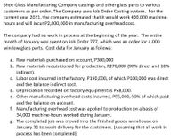 Shoe Glass Manufacturing Company castings and other glass parts to various
customers as per order. The Company uses Job Order Costing system. For the
current year 2021, the company estimated that it would work 400,000 machine-
hours and will incur P2,800,000 in manufacturing overhead cost.
The company had no work in process at the beginning of the year. The entire
month of January was spent on Job Order 777, which was an order for 4,000
window glass parts. Cost data for January as follows:
a. Raw materials purchased on account, P300,000
b. Raw materials requisitioned for production, P270,000 (90% direct and 10%
indirect).
c. Labor cost incurred in the factory, P190,000, of which P100,000 was direct
and the balance indirect cost.
d. Depreciation recorded on factory equipment is P68,000.
e. Other manufacturing overhead costs incurred, P55,000, 50% of which paid
and the balance on account.
f. Manufacturing overhead cost was applied to production on a basis of
34,000 machine-hours worked during January.
g. The completed job was moved into the finished goods warehouse on
January 31 to await delivery for the customers. (Assuming that all work in
process has been completed)
