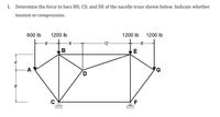 1.
Determine the force in bars BD, CD, and DE of the nacelle truss shown below. Indicate whether
tension or compression.
600 lb
1200 lb
1200 Ib
1200 lb
6'
6'-
12'
6'
B
E
A
8'
