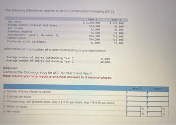 The following information applies to Acorn Construction Company (ACC):
Net sales
Income before interest and taxes i
Net income
Interest expense
Stockholders' equity, December 31
Common stock
Preferred stock dividends,
Year 2
$ 1,020,000
134,500
52,000
31,500
824,300
764,300
31,000
Information on the number of shares outstanding is provided below:
Average number of shares outstanding Year 1
Average number of shares outstanding Year 2
Year 1
$ 614,000
91,000
45,000
22,000
739,000
714,000
31,000
45,000
40,000
Required:
Compute the following ratios for ACC for Year 2 and Year 1:
Note: Round your intermediate and final answers to 2 decimal places.
a. Number of times interest is earned
b. Earnings per share
c. Price-earnings ratio (Market prices: Year 2 $18.50 per share, Year 1 $16.00 per share)
d. Return on equity
e. Net margin
Year 2
%
%
Year 1
%