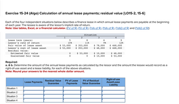 Exercise 15-24 (Algo) Calculation of annual lease payments; residual value [LO15-2, 15-6]
Each of the four independent situations below describes a finance lease in which annual lease payments are payable at the beginning
of each year. The lessee is aware of the lessor's implicit rate of return.
Note: Use tables, Excel, or a financial calculator. (FV of $1, PV of $1, FVA of $1, PVA of $1, FVAD of $1 and PVAD of $1)
Lease term (years)
Lessor's rate of return
Fair value of lease asset
Lessor's cost of lease asset
Residual value:
Estimated fair value
Guaranteed fair value
Situation 1
Situation 2
Situation 3
Situation 4
1
Lease Payments
10%
$ 53,000
$ 53,000
0
0
2
Situation
8
11%
$ 353,000
$ 353,000
Residual Value PV of Lease
Guarantee
Payments
$ 53,000
0
3
6
9%
$ 78,000
$ 48,000
$ 10,000
$ 10,000
PV of Residual
Value Guarantee
4
Required:
a. & b. Determine the amount of the annual lease payments as calculated by the lessor and the amount the lessee would record as a
right-of-use asset and a lease liability, for each of the above situations.
Note: Round your answers to the nearest whole dollar amount.
9
12%
$ 468,000
$ 468,000
$ 48,000
$ 53,000
Right-of-use
Asset/Lease
Liability