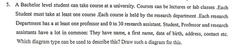 5. A Bachelor level student can take course at a university. Courses can be lectures or lab classes .Each
Student must take at least one course .Each course is held by the research department .Each research
Department has a at least one professor and 0 to 30 research assistant. Student, Professor and research
assistants have a lot in common: They have name, a first name, date of birth, address, contact etc.
Which diagram type can be used to describe this? Draw such a diagram for this.