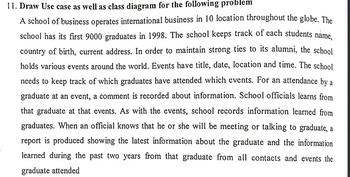 11. Draw Use case as well as class diagram for the following problem
A school of business operates international business in 10 location throughout the globe. The
school has its first 9000 graduates in 1998. The school keeps track of each students name,
country of birth, current address. In order to maintain strong ties to its alumni, the school
holds various events around the world. Events have title, date, location and time. The school
needs to keep track of which graduates have attended which events. For an attendance by a
graduate at an event, a comment is recorded about information. School officials learns from
that graduate at that events. As with the events, school records information learned from
graduates. When an official knows that he or she will be meeting or talking to graduate, a
report is produced showing the latest information about the graduate and the information
learned during the past two years from that graduate from all contacts and events the
graduate attended