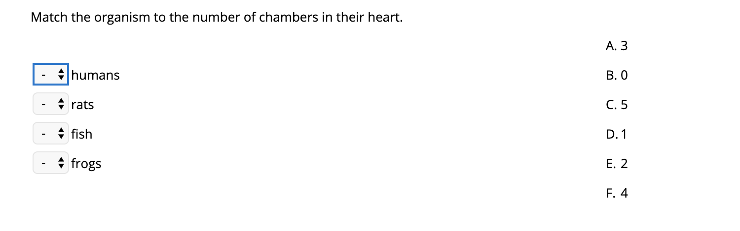 Match the organism to the number of chambers in their heart.
А. З
+humans
B. 0
+ rats
C. 5
+ fish
D. 1
frogs
E. 2
F. 4
