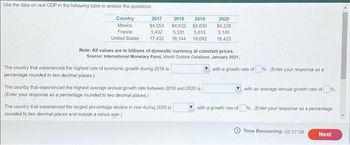 Use the data on real GDP in the following table to answer the questions.
Country
Mexico
France
2017
2018
2019
$4,553
$4,632 $4,630
5,432
5,531 5,613
United States 17,432 18,144 19,092
Note: All values are in billions of domestic currency at constant prices.
Source: International Monetary Fund, World Outlook Database, January 2021.
The country that experienced the highest rate of economic growth during 2018 is
percentage rounded to two decimal places.)
The country that experienced the highest average annual growth rate between 2018 and 2020 is
(Enter your response as a percentage rounded to two decimal places.)
2020
$4,228
5,145
18,423
The country that experienced the largest percentage decline in real during 2020 is
rounded to two decimal places and include a minus sign.)
with a growth rate of %. (Enter your response as a
with an average annual growth rate of
with a growth rate of % (Enter your response as a percentage
Time Remaining: 02:07:08
Next