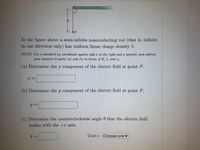 P
In the figure above a semi-infinite nonconducting rod (that is, infinite
in one direction only) has uniform linear charge density A.
NOTE: Use a standard xy coordinate system with a to the right and y upward, and express
your answers to parts (a) and (b) in terms of R, X, and eg.
(a) Determine the x component of the electric field at point P.
(b) Determine the y component of the electric field at point P.
y =
(c) Determine the counterclockwise angle 0 that the electric field
makes with the +x axis.
Unit= Choose one ▼
