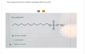 This compound can form micelles is amphipatic Both are correct
This compound
can form micelles
mmofo-Na
O is amphipatic
Ĵ
OBoth are correct
O
-O- Na*