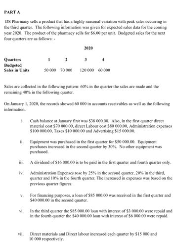 PART A
DS Pharmacy sells a product that has a highly seasonal variation with peak sales occurring in
the third quarter. The following information was given for expected sales data for the coming
year 2020. The product of the pharmacy sells for $6.00 per unit. Budgeted sales for the next
four quarters are as follows: -
Quarters
Budgeted
Sales in Units
i.
ii.
iii.
iv.
V.
1
Sales are collected in the following pattern: 60% in the quarter the sales are made and the
remaining 40% in the following quarter.
vi.
2
On January 1, 2020, the records showed 60 000 in accounts receivables as well as the following
information.
vii.
2020
3
50 000 70 000 120 000
4
60 000
Cash balance at January first was $38 000.00. Also, in the first quarter direct
material cost $70 000.00, direct Labour cost $80 000.00, Administration expenses
$100 000.00, Taxes $10 000.00 and Advertising $15 000.00.
Equipment was purchased in the first quarter for $50 000.00. Equipment
purchases increased in the second quarter by 30%. No other equipment was
purchased.
A dividend of $16 000.00 is to be paid in the first quarter and fourth quarter only.
Administration Expenses rose by 25% in the second quarter, 20% in the third,
quarter and 10% in the fourth quarter. The increased in expenses was based on the
previous quarter figures.
For financing purposes, a loan of $85 000.00 was received in the first quarter and
$40 000.00 in the second quarter.
In the third quarter the $85 000.00 loan with interest of $3 000.00 were repaid and
in the fourth quarter the $40 000.00 loan with interest of $6 000.00 were repaid.
Direct materials and Direct labour increased each quarter by $15 000 and
10 000 respectively.