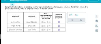 Predicting precipitation
Complete the table below by deciding whether a precipitate forms when aqueous solutions A and B are mixed. If a
precipitate will form, enter its empirical formula in the last column.
solution A
sodium sulfide
iron (II) chloride
potassium carbonate
solution B
copper(II) sulfate
zinc acetate
silver nitrate
Does a
precipitate form
when A and B
are mixed?
yes
yes
yes
no
no
no
empirical
formula of
precipitate
П
0
X
Ś
00.
18
Ar