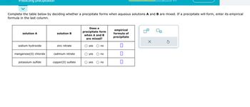 Predicting precipitation
Complete the table below by deciding whether a precipitate forms when aqueous solutions A and B are mixed. If a precipitate will form, enter its empirical
formula in the last column.
solution A
sodium hydroxide
manganese(II) chloride
potassium sulfide
solution B
zinc nitrate
cadmium nitrate
copper(II) sulfate
Does a
precipitate form
when A and B
are mixed?
yes
yes
yes
no
no
no
empirical
formula of
precipitate
П
0
X
Ś