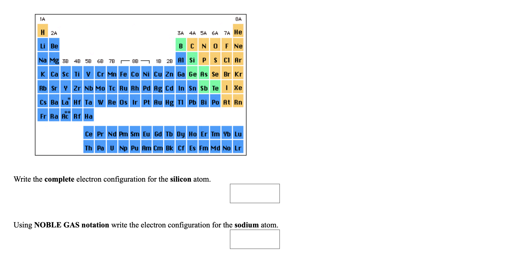1A
8A
H 2A
3A 4A 5A 6A 7A He
Li Be
BC NO F Ne
Na Mg 3B 4B 5B
6B 7B - 8B ¬ 1B 28 A1 Si PS CI Ar
K Ca sc Ti v Cr Mn Fe Co Ni Cu Zn Ga Ge As Se Br Kr
Rb Sr Y Zr Nb Mo Tc Ru Rh Pd Ag cd In Sn Sb Te I Xe
Cs Ba La Hf Ta w Re Os Ir Pt Au Hg TI Pb Bi Po At Rn
Fr Ra Ac Rf Ha
Ce Pr Nd Pm Sm Eu Gd Tb Dy Ho Er Tm Yb Lu
Th Pa U Np Pu Am Cm Bk Cf Es Fm Md No Lr
Write the complete electron configuration for the silicon atom.
Using NOBLE GAS notation write the electron configuration for the sodium atom.
