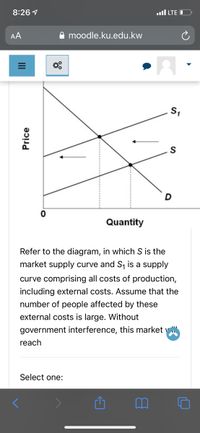 8:26 1
ull LTE O
AA
A moodle.ku.edu.kw
Quantity
Refer to the diagram, in which S is the
market supply curve and S, is a supply
curve comprising all costs of production,
including external costs. Assume that the
number of people affected by these
external costs is large. Without
government interference, this market v
reach
Select one:
Price
III
