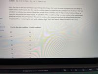 ### Educational Website Content

**Study Overview:**

Using the door-in-the-face technique (a psychological strategy that is effective because participants are more likely to comply with a small request after first rejecting a large request), a researcher asks participants in the door-in-the-face condition to volunteer two weeks of their time to help out at a summer camp for impoverished children. When, as expected, they decline this large request, the researcher asks if they would be willing to donate money to the camp instead (the small request). 

For participants in the control condition, the researcher asks them to donate money (the small request) without mentioning the two-week volunteer time. This is your data (in dollars donated for the camp):

**Data Table:**

| Foot-in-the-door condition | Control condition |
|----------------------------|-------------------|
| 87                         | 86                |
| 98                         | 73                |
| 75                         | 79                |
| 88                         | 56                |
| 76                         | 72                |
| 85                         | 70                |
| 92                         | 87                |

The table illustrates the amount of money donated by participants under two different conditions: "Foot-in-the-door" and "Control." Each number represents the dollars donated under each respective condition for different participants.