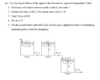 Q1: For the Figure Below if the input to the first tank is step with magnitude 2 find
1. What type of relation between (tanks 1 and 2) and tank 3
2. Initial real value of H2, if the steady state value is 10
3. Final Value of H3
4. H1 at t=1.5
5. For the system tank1 and tank 2 only which case is applied to them (overdamping,
underdamped or critically damping)
A₁=1
A₂=1
Tank 1
R₁ = 2
*
Tank 2
R₁₂=2
A3=0.5
hy
R₁=4
Tank 3