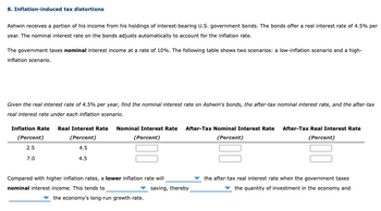 8. Inflation-induced tax distortions
Ashwin receives a portion of his income from his holdings of interest-bearing U.S. government bonds. The bonds offer a real interest rate of 4.5% per
year. The nominal interest rate on the bonds adjusts automatically to account for the inflation rate.
The government taxes nominal interest income at a rate of 10%. The following table shows two scenarios: a low-inflation scenario and a high-
inflation scenario.
Given the real interest rate of 4.5% per year, find the nominal interest rate on Ashwin's bonds, the after-tax nominal interest rate, and the after-tax
real interest rate under each inflation scenario.
Inflation Rate Real Interest Rate Nominal Interest Rate After-Tax Nominal Interest Rate
(Percent)
(Percent)
(Percent)
(Percent)
2.5
4.5
7.0
4.5
Compared with higher inflation rates, a lower inflation rate will
nominal interest income. This tends to
the economy's long-run growth rate.
saving, thereby
After-Tax Real Interest Rate
(Percent)
the after-tax real interest rate when the government taxes
the quantity of investment in the economy and