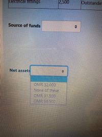 Electrical fittings
2,500
Outstandin
Source of funds
Net assets
OMR 32,000
None of these
OMR 31,500
OMR 58.500
