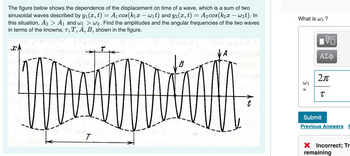 The figure below shows the dependence of the displacement on time of a wave, which is a sum of two
sinusoidal waves described by y₁(x, t) = A₁ cos(k₁x — w₁t) and y₂(x, t) = A2cos(k2x – w2t). In
this situation, A₂2 > A₁ and w₁ > W₂. Find the amplitudes and the angular frequencies of the two waves
in terms of the knowns, T, T, A, B, shown in the figure.
XA
T
What is w₁ ?
W1
V
ΑΣΦ
226
2π
τ
Submit
Previous Answers F
X Incorrect; Tr
remaining