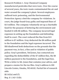 Research Problem 1. Gray Chemical Company
manufactured pesticides that were toxic. Over the course
of several years, the toxic waste contaminated the air and
water around the company's plant. Several employees
suffered toxic poisoning, and the Environmental
Protection Agency cited the company for violations. In
court, the judge found Gray guilty and imposed fines of
$15 million. The company voluntarily set up a charitable
fund for the purpose of bettering the environment and
funded it with $8 million. The company incurred legal
expenses in setting up the foundation and defending
itself in court. The court reduced the fine from $15
million to $7 million. Gray deducted the $8 million paid
to the foundation and the legal expenses incurred. The
IRS disallowed both deductions on the grounds that the
payment was, in fact, a fine and in violation of public
policy. Gray's president, Ted Jones, has contacted you
regarding the deductibility of the $7 million fine, the $8
million payment to the foundation, and the legal fees.
Write a letter to Mr. Jones that contains your advice, and
prepare a memo for the tax files. Gray's address is 200
Lincoln Center, Omaha, NE 68182. Partial list of research
aids:
§$ 162(a) and (f).
Reg. § 1.162-21(b).
