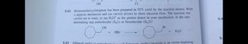 **Question 5.42**

Bromomethylcycloheptane has been prepared in 92% yield by the reaction shown. Write a stepwise mechanism and use curved arrows to show electron flow. The reaction was carried out in water, so use H₃O⁺ as the proton donor in your mechanism. Is the rate-determining step unimolecular (Sₙ1) or bimolecular (Sₙ2)?

**Reaction:**

Cycloheptanol (with an OH group attached) reacts with HBr to form bromomethylcycloheptane (with a Br group replacing the OH group) and water (H₂O).

---

**Explanation of Diagram:**

The diagram shows a chemical equation:

1. **Reactants:**
   - A cycloheptane ring with a hydroxyl group (OH) attached.
   - Hydrobromic acid (HBr).

2. **Products:**
   - A cycloheptane ring with a bromine atom (Br) attached.
   - Water (H₂O).

The equation depicts the substitution of the OH group in cycloheptanol with a Br atom to form bromomethylcycloheptane, with water as a byproduct. The mechanism involves the use of H₃O⁺ to facilitate the protonation necessary for this substitution reaction.