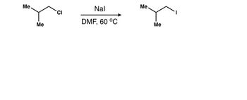 ### Reaction Overview

The image depicts a chemical reaction involving the transformation of a chlorinated alkane into an iodinated alkane. This reaction is known as a halogen exchange or Finkelstein reaction. 

### Reactants and Products

- **Reactant**: 
  - The compound on the left is a chlorinated alkane. It is a secondary alkyl chloride, specifically 2-chloropropane, with the molecular formula of C3H7Cl.
  - Notation: Me represents a methyl group (CH3), and Cl indicates a chlorine atom attached to the carbon chain.
  
- **Reagent**: 
  - Sodium iodide (NaI) is used as the reagent in the reaction. 
  - The reaction takes place in dimethylformamide (DMF), a polar aprotic solvent, at 60°C.

- **Product**: 
  - The compound on the right is an iodinated alkane, 2-iodopropane, with the molecular formula of C3H7I.
  - In the product, the iodine atom (I) replaces the chlorine atom.

### Process Explanation

1. **Mechanism Type**: This is a nucleophilic substitution reaction (SN2). 
2. **Solvent Role**: DMF, as a polar aprotic solvent, facilitates the reaction by solubilizing both the polar sodium iodide and the organic compound.
3. **Temperature**: The reaction is conducted at an elevated temperature of 60°C to increase the reaction rate.

This type of reaction is practical for converting less reactive halides into more reactive ones, optimizing them for further chemical synthesis applications.