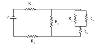 The image illustrates an electrical circuit featuring a combination of series and parallel resistors. Here's an explanation suitable for an educational context:

**Description of the Circuit:**

- **Power Source (V):** The circuit is powered by a voltage source denoted as "V".

- **Series Resistors:**
  - **R1** and **R2** are connected in series with the voltage source. This means that the same current flows through both resistors, and their resistances add up directly.

- **Parallel Resistors:**
  - **R3** is connected in series with the parallel combination of **R4**, **R5**, and **R6**.
  - **R4** and **R5** are connected in parallel to each other. This arrangement allows the current to split between these two resistors, and the equivalent resistance can be calculated using the formula for parallel resistors: 
    \[
    \frac{1}{R_{\text{parallel}}} = \frac{1}{R4} + \frac{1}{R5}
    \]

- **Additional Series Resistor (R6):**
  - **R6** is connected in series with the parallel combination of **R4** and **R5**. This configuration dictates that the total resistance in this branch is the sum of R6 and the equivalent resistance of R4 and R5 in parallel.

**Overall Circuit Analysis:**
To analyze this circuit, one would:
1. Calculate the equivalent resistance of R4 and R5 in parallel.
2. Add this equivalent resistance to R6 to find the total resistance of that branch.
3. Add this total to R3 to address the series combination.
4. Calculate the total resistance of the circuit by adding the resistances of R1, R2, and the series combination found in step 3.

This setup exemplifies a typical circuit problem involving both series and parallel resistive components, demonstrating concepts such as Ohm's Law and the rules for combining resistances.