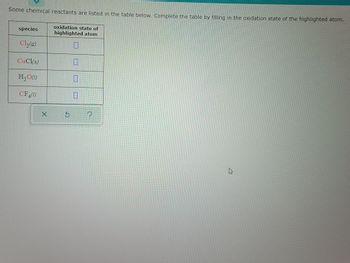 Some chemical reactants are listed in the table below. Complete the table by filling in the oxidation state of the highlighted atom.
species
oxidation state of
highlighted atom
Cl₂(9)
0
CuCl(s)
0
H₂O(1)
0
CF 4(1)
0
X
G
P
4:1
FE
HE
1: E
11
پر