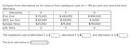 Compare three alternatives on the basis of their capitalized costs at i = 14% per year and select the best
alternative.
Alternative
E
G
First Cost
AOC, per Year
Salvage Value
Life, Years
$-75,000
$-490,000
$-990,000
$-50,000
$-20,000
$-9,000
$25,000
$75,000
$750,000
2
00
The capitalized cost of alternative E is $
alternative F is $
and alternative G is $
The best alternative is
