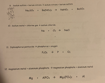 9. Sodium sulfate + barium nitrate → sodium nitrate + barium sulfate
2 Nal
131
Na₂SO4 +
Ba(NO3)2 → NaNO3
1007
1 Bal
2N1
10. Sodium metal + chlorine gas sodium chloride.
Na + Cl₂ → NaCl
11. Diphosphorus pentoxide → phosphorus + oxygen
Mg
P₂O5
F
+ AIPO4
P + 0₂
+
12. magnesium metal + aluminum phosphate → magnesium phosphate + aluminum metal
BaSO4
Mg3(PO4)2
Al